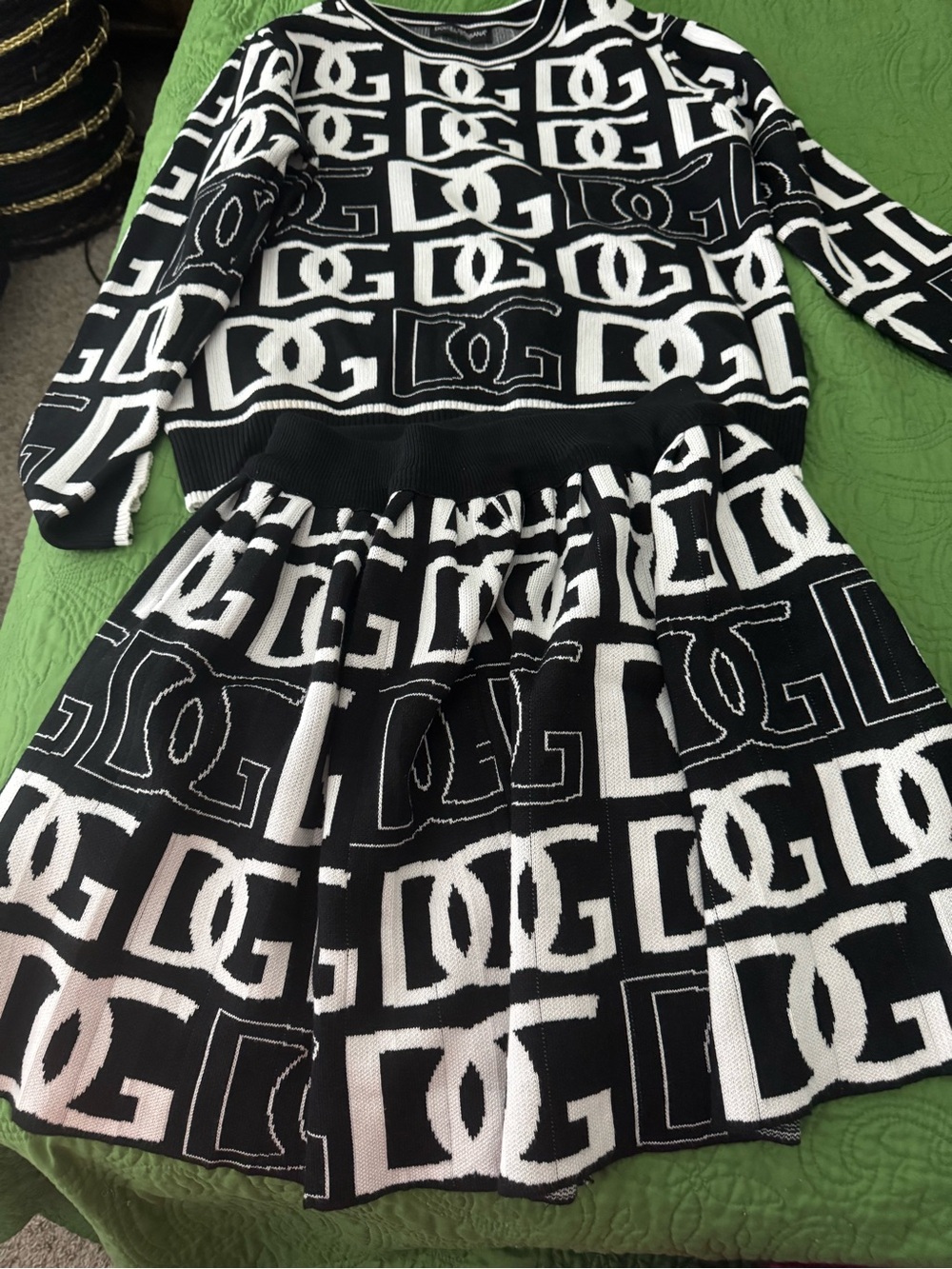 Dolce & Gabbana Black and White Logo Knit Sweater and Skirt Set.